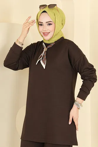 moda selvim Yakası Fular Detaylı Takım 2783AYD574 Kahve - Thumbnail