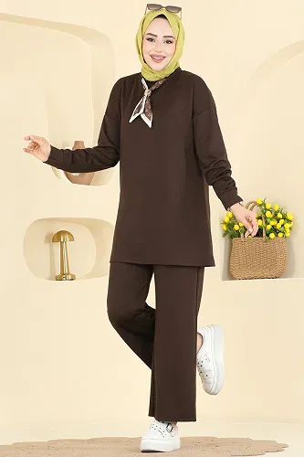 moda selvim Yakası Fular Detaylı Takım 2783AYD574 Kahve - Thumbnail