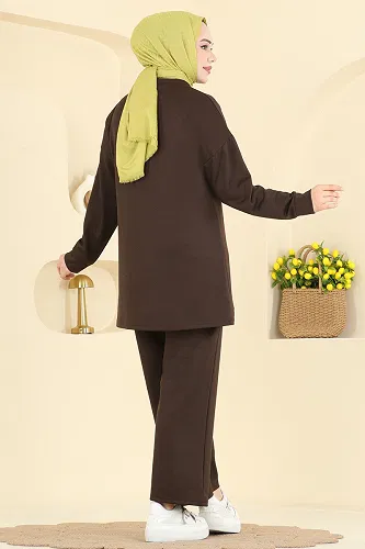 moda selvim Yakası Fular Detaylı Takım 2783AYD574 Kahve - Thumbnail