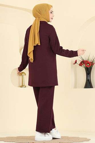 moda selvim Yakası Fular Detaylı Takım 2783AYD574 Koyu Bordo - Thumbnail