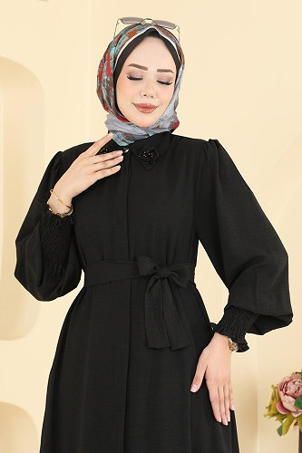 moda selvim Yakası Gül Detaylı Ferace 3038SMD1186 Siyah - Thumbnail