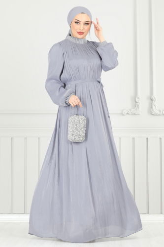 moda selvim Yakası İncili Tesettür Abiye 6622YG95 Gri - Thumbnail
