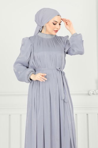 moda selvim Yakası İncili Tesettür Abiye 6622YG95 Gri - Thumbnail