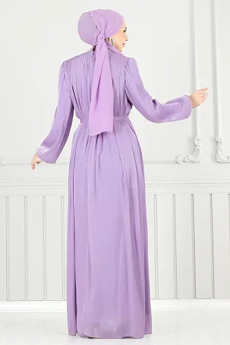 moda selvim Yakası İncili Tesettür Abiye 6622YG95 Lila - Thumbnail