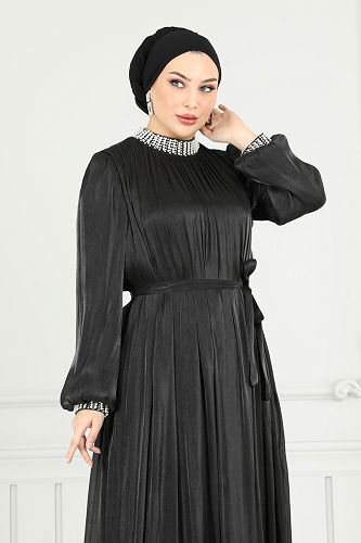 moda selvim Yakası İncili Tesettür Abiye 6622YG95 Siyah - Thumbnail