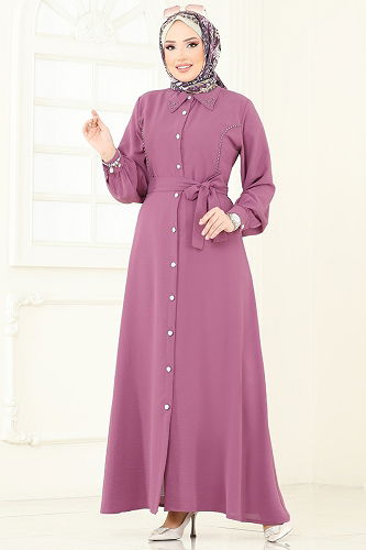 moda selvim Yakası İncili Tesettür Elbise 316HBS856 Koyu Lila - Thumbnail