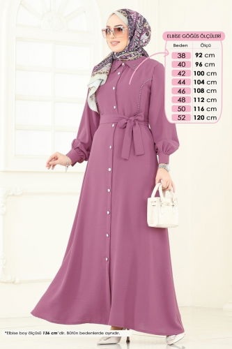 moda selvim Yakası İncili Tesettür Elbise 316HBS856 Koyu Lila - Thumbnail