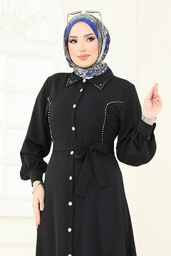 moda selvim Yakası İncili Tesettür Elbise 316HBS856 Siyah - Thumbnail