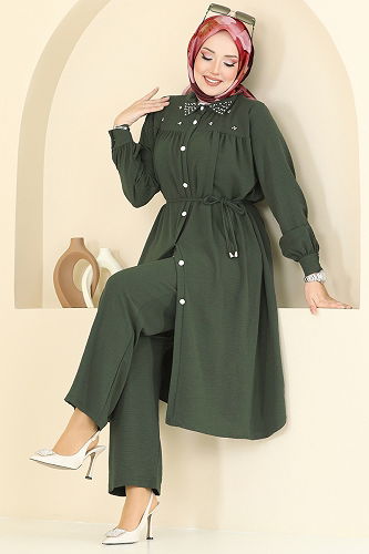 moda selvim Yakası İncili Tesettür Takım 3097HBS856 Açık Haki - Thumbnail