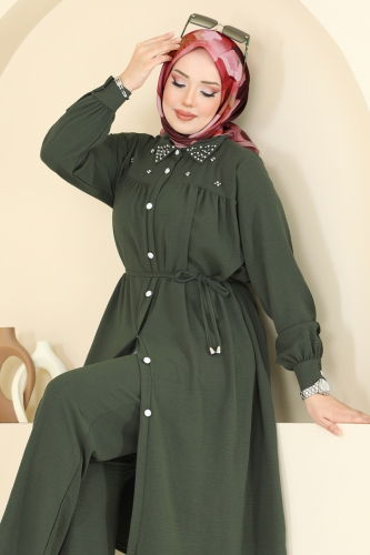 moda selvim Yakası İncili Tesettür Takım 3097HBS856 Açık Haki - Thumbnail