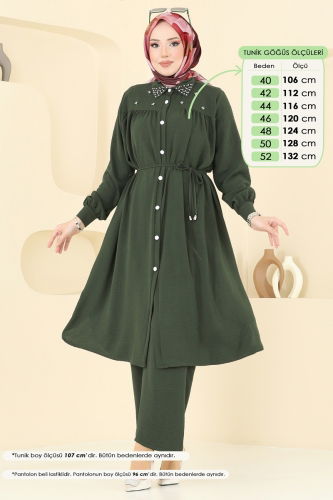 moda selvim Yakası İncili Tesettür Takım 3097HBS856 Açık Haki - Thumbnail