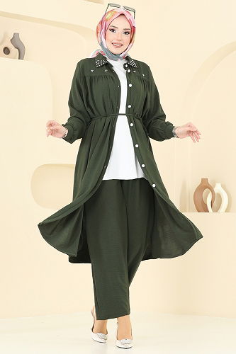 moda selvim Yakası İncili Tesettür Takım 3097HBS856 Haki - Thumbnail