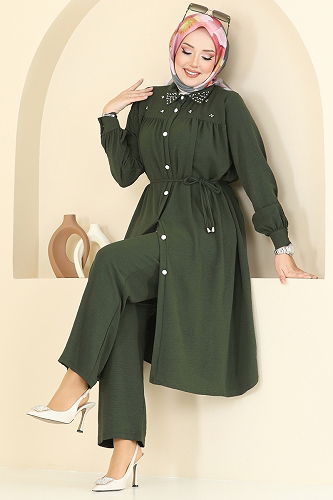 moda selvim Yakası İncili Tesettür Takım 3097HBS856 Haki - Thumbnail