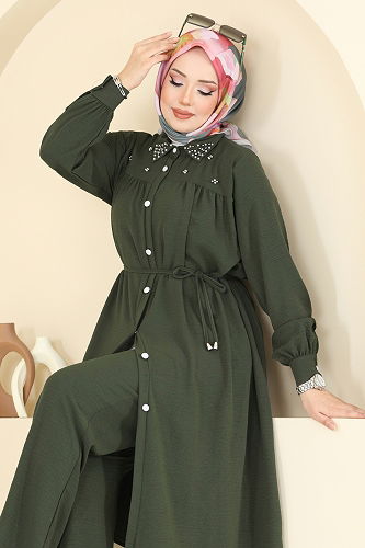 moda selvim Yakası İncili Tesettür Takım 3097HBS856 Haki - Thumbnail