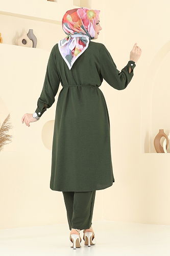 moda selvim Yakası İncili Tesettür Takım 3097HBS856 Haki - Thumbnail