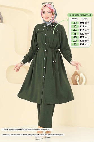 moda selvim Yakası İncili Tesettür Takım 3097HBS856 Haki - Thumbnail