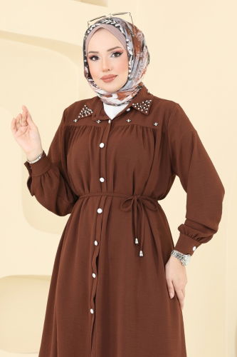 moda selvim Yakası İncili Tesettür Takım 3097HBS856 Kahve - Thumbnail