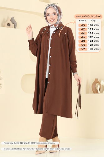 moda selvim Yakası İncili Tesettür Takım 3097HBS856 Kahve - Thumbnail