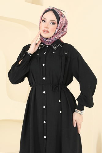 moda selvim Yakası İncili Tesettür Takım 3097HBS856 Siyah - Thumbnail