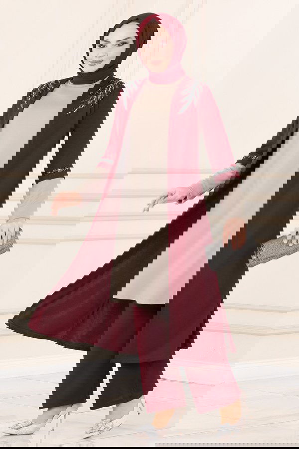 Modaselvim SEPETTE NET %20+%20 İNDİRİM Yakası İşlemeli İkili Takım ASM2668 Bordo&Vizyon