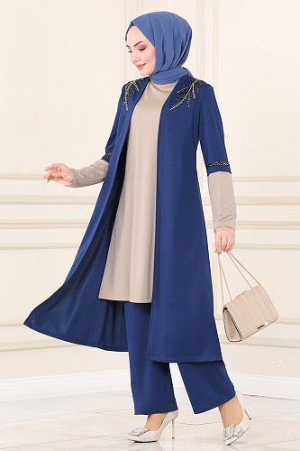 moda selvim Yakası İşlemeli İkili Takım ASM2668 İndigo&Vizyon - Thumbnail