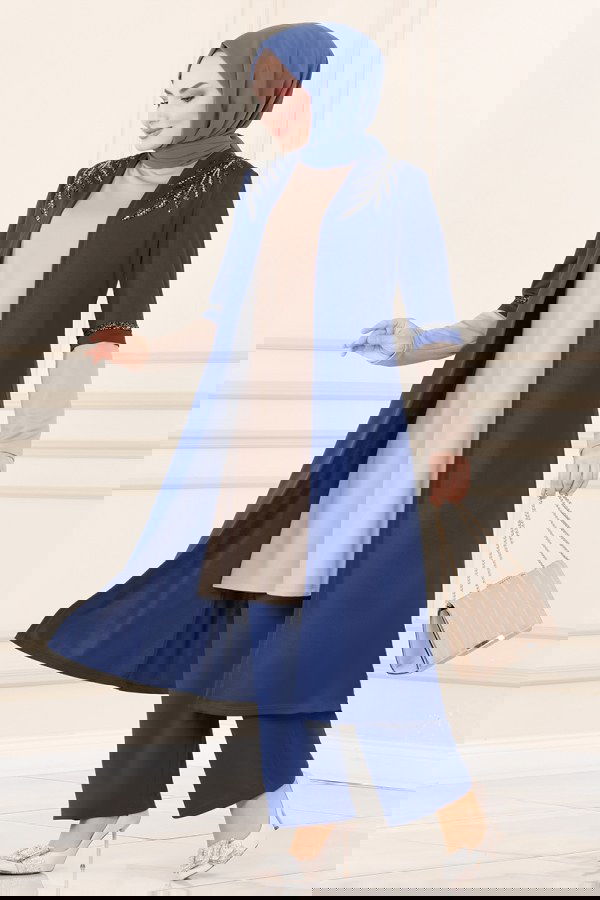 Modaselvim SEPETTE NET %20+%20 İNDİRİM Yakası İşlemeli İkili Takım ASM2668 İndigo&Vizyon