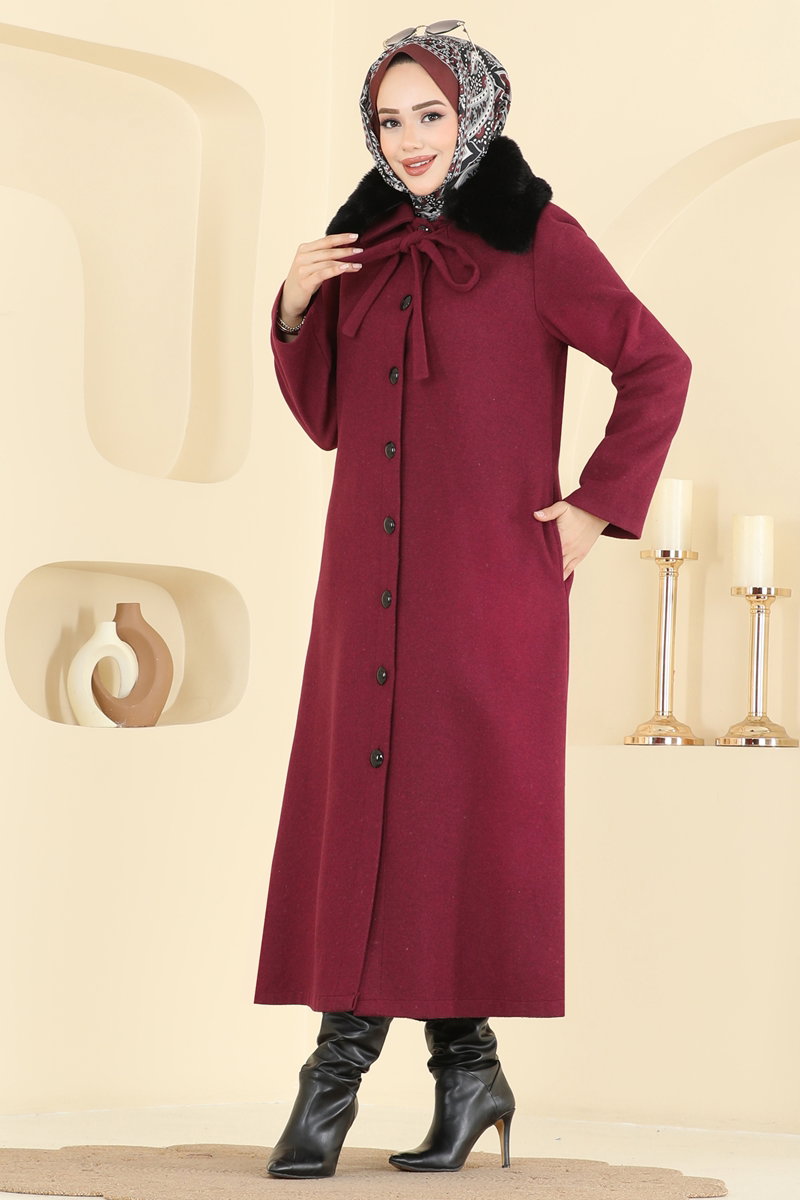 Yakası Kürk Detaylı Kaşe Kaban 8184AB368 Bordo