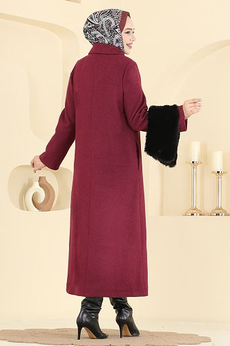 moda selvim Yakası Kürk Detaylı Kaşe Kaban 8184AB368 Bordo - Thumbnail