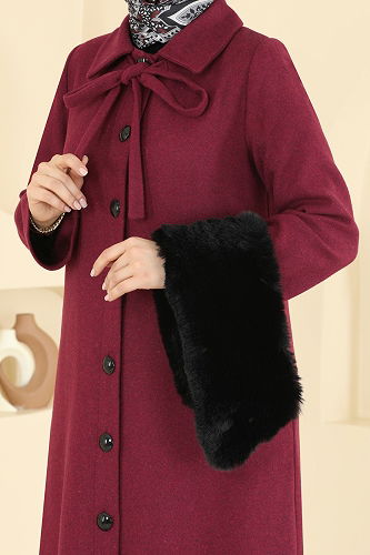 moda selvim Yakası Kürk Detaylı Kaşe Kaban 8184AB368 Bordo - Thumbnail