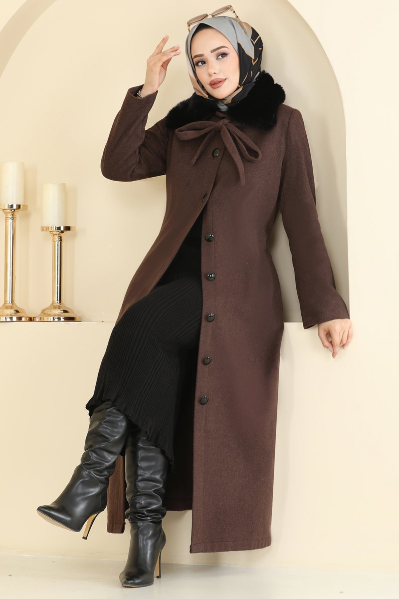 Yakası Kürk Detaylı Kaşe Kaban 8184AB368 Kahve