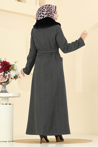 moda selvim Yakası Kürklü İthal Kaşe Kaban 1121OZT1013 Antrasit - Thumbnail