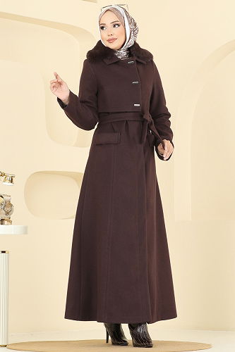 moda selvim Yakası Kürklü İthal Kaşe Kaban 1121OZT1013 Kahve - Thumbnail