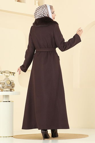 moda selvim Yakası Kürklü İthal Kaşe Kaban 1121OZT1013 Kahve - Thumbnail