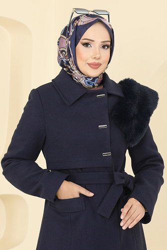 moda selvim Yakası Kürklü İthal Kaşe Kaban 1121OZT1013 Laci - Thumbnail