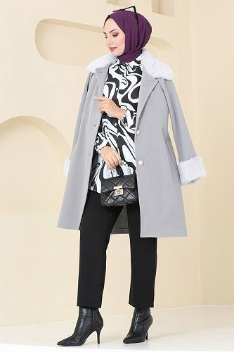 moda selvim Yakası Kürklü Kaşe Kaban 2628SVT808 Gri - Thumbnail