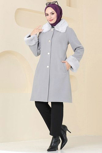 moda selvim Yakası Kürklü Kaşe Kaban 2628SVT808 Gri - Thumbnail