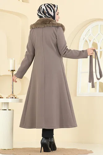 moda selvim Yakası Kürklü Kaşe Kaban 6664YG95 Koyu Vizyon - Thumbnail