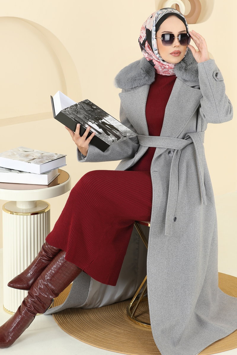 Yakası Kürklü Kaşe Kaban 8196FMZ1159 Gri