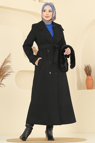 moda selvim Yakası Kürklü Kaşe Kaban 8196FMZ1159 Siyah - Thumbnail