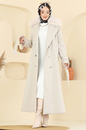 moda selvim Yakası Kürklü Kaşe Kaban 8196FMZ1159 Taş - Thumbnail