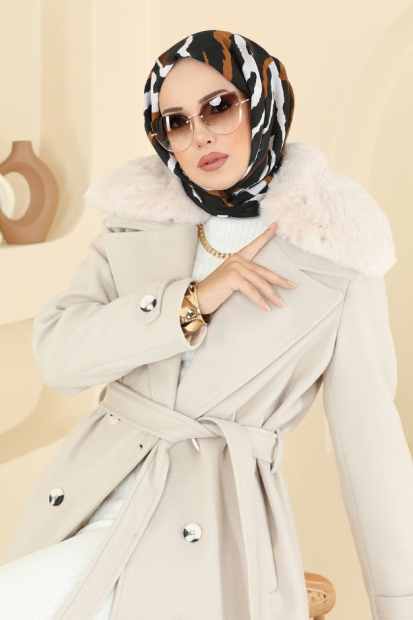 Modaselvim Kaban Yakası Kürklü Kaşe Kaban 8196FMZ1159 Taş