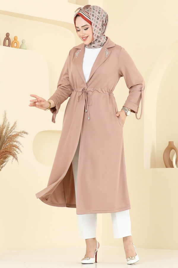 Modaselvim Kap / Kaban Yakası Taş Detaylı Kap 9155PLK541 Latte