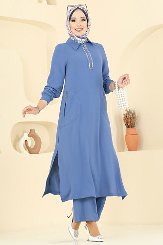 moda selvim Yakası Taş Detaylı Tunik Takım 446DVL817 İndigo - Thumbnail