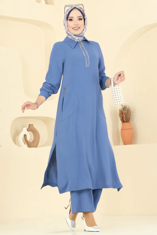 Modaselvim SEPETTE NET %20+%20 İNDİRİM Yakası Taş Detaylı Tunik Takım 446DVL817 İndigo