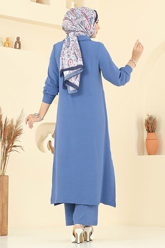 moda selvim Yakası Taş Detaylı Tunik Takım 446DVL817 İndigo - Thumbnail