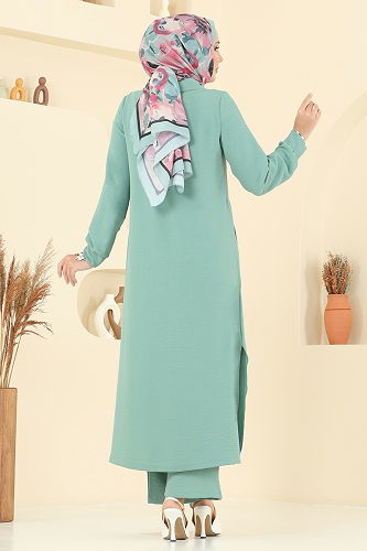 moda selvim Yakası Taş Detaylı Tunik Takım 446DVL817 Mint - Thumbnail