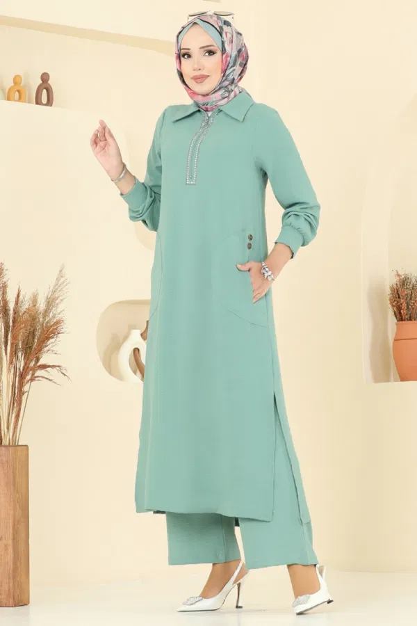 Modaselvim SEPETTE NET %20+%20 İNDİRİM Yakası Taş Detaylı Tunik Takım 446DVL817 Mint