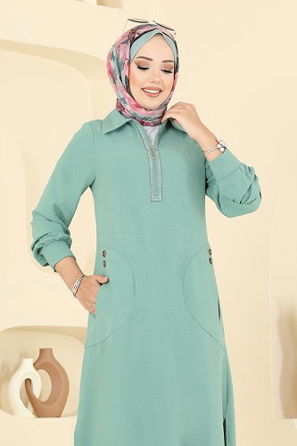 moda selvim Yakası Taş Detaylı Tunik Takım 446DVL817 Mint - Thumbnail