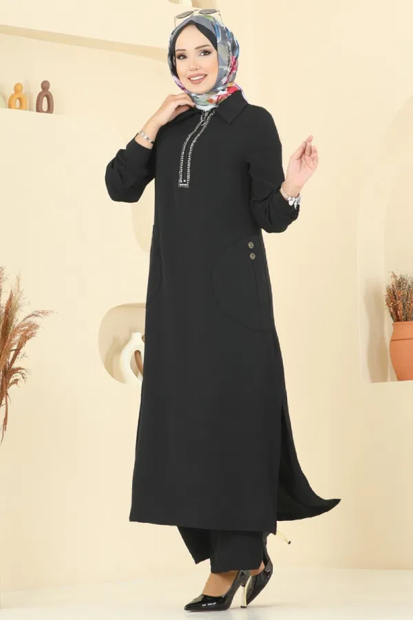 Modaselvim SEPETTE NET %20+%20 İNDİRİM Yakası Taş Detaylı Tunik Takım 446DVL817 Siyah