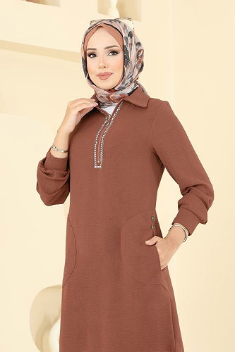 moda selvim Yakası Taş Detaylı Tunik Takım 446DVL817 Taba - Thumbnail